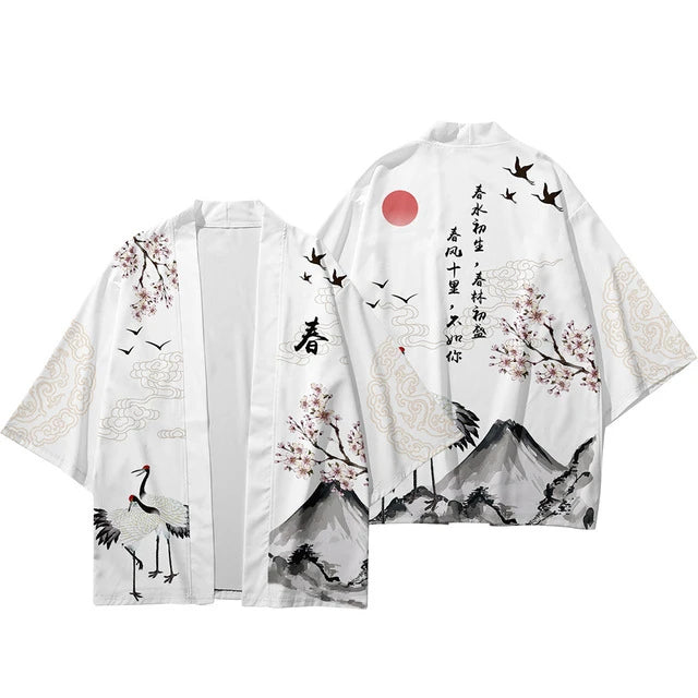 White Crane & Cherry Blossom Japanese Kimono Cardigan