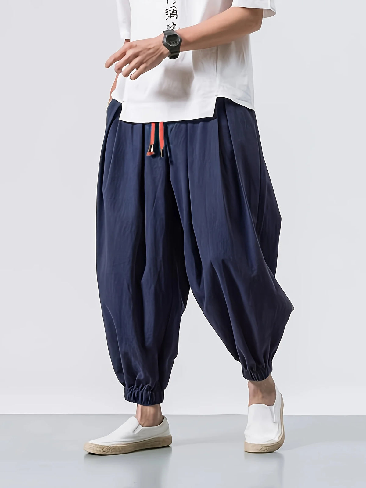Men's Navy Blue Drop Crotch Elastic Cuff Pants