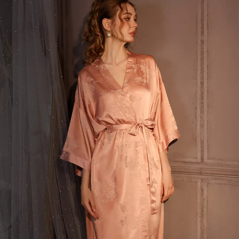Soft Rose Gold Jacquard Satin Kimono Robe