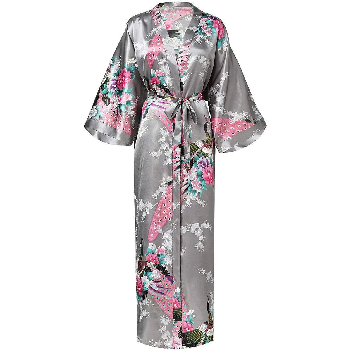 Grey Satin Kimono Robe with Floral Peacock Print