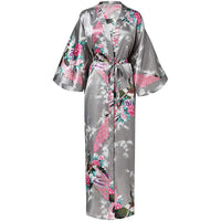 Grey Satin Kimono Robe with Floral Peacock Print