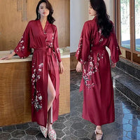Women's Deep Red Cherry Blossom Satin Kimono Robe