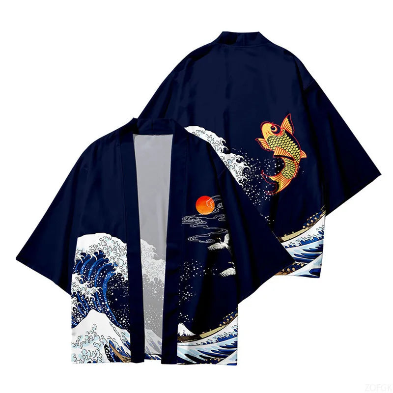 Navy Blue Ukiyo-e Kimono Cardigan, Great Wave & Koi