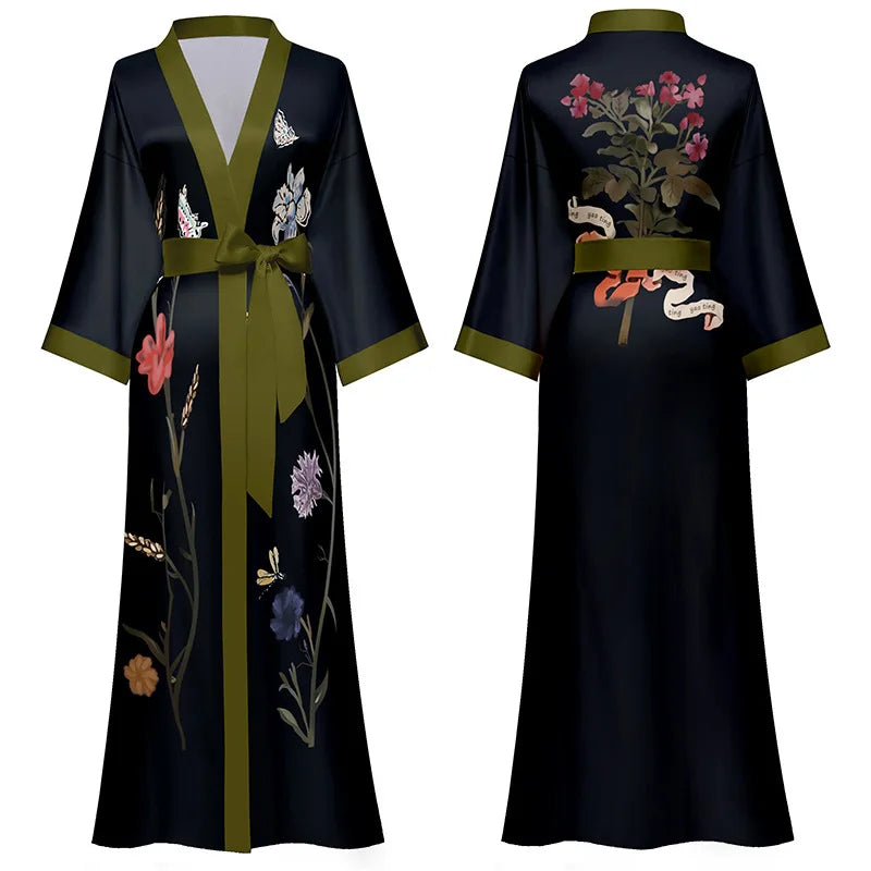 Beige Floral Print Kimono Maxi Dress