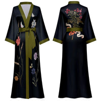 Charcoal Floral Silk Kimono Robe with Green Trim
