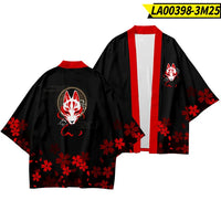 Black Kimono Cardigan with Red Fox Mask & Sakura