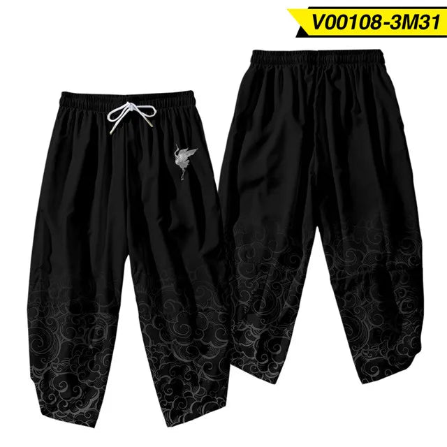 Men's Black Harem Pants with Embroidered Crane and Cloud Pattern