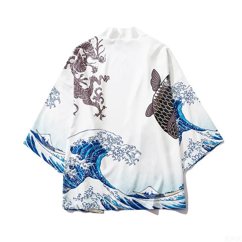 White Unisex Kimono Cardigan Hokusai Dragon Koi