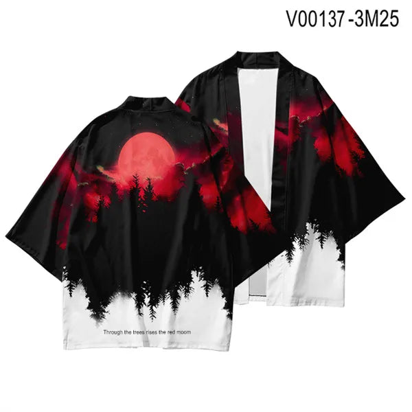Unisex Kimono Jacket with Red Moon Pine Trees Print