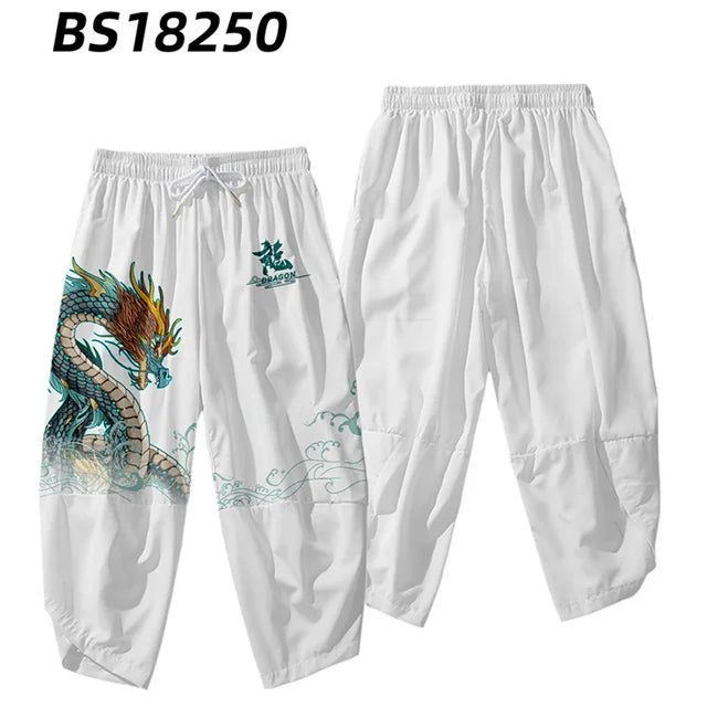 White Dragon Print Loose Fit Streetwear Pants