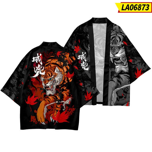 Black Kimono Cardigan with Orange Tiger and Maple Leaves