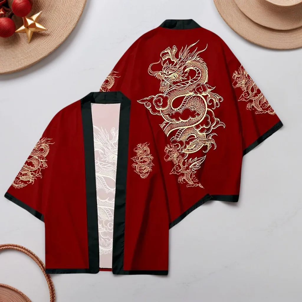 Deep Red Golden Dragon Kimono Cardigan