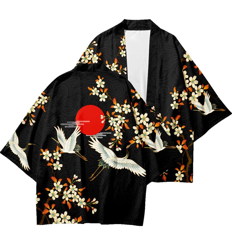 Black Haori Jacket with Katana and Kitsune Print