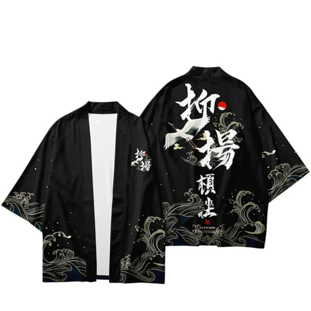 Black Japanese Kimono with Crane and Wave Print