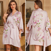 Short Lilac Satin Kimono Robe with Pink Floral Print