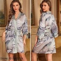 Women's Short Silky Kimono Robe with Mountain Print
