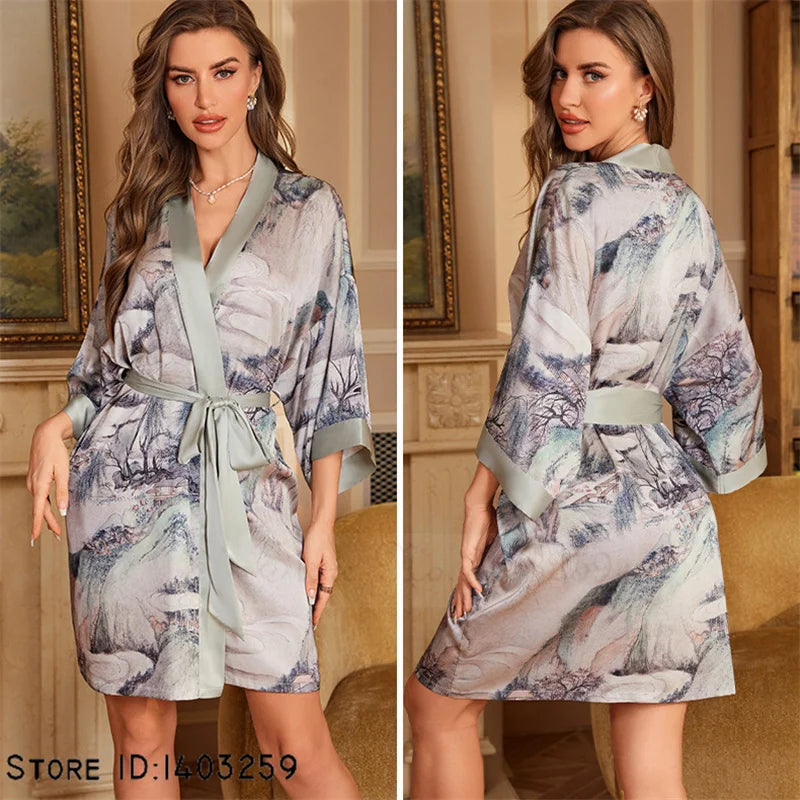 Women's Short Silky Kimono Robe with Mountain Print