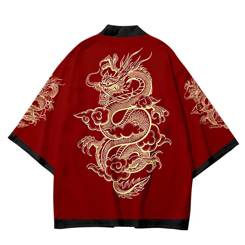 Black Kimono Cardigan with Great Wave and Dragon