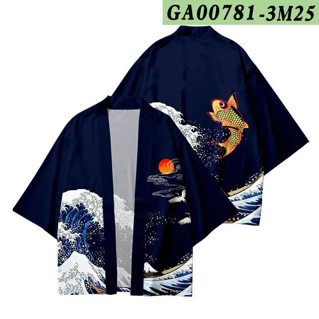 Navy Kimono Jacket with Japanese Wave & Koi Design