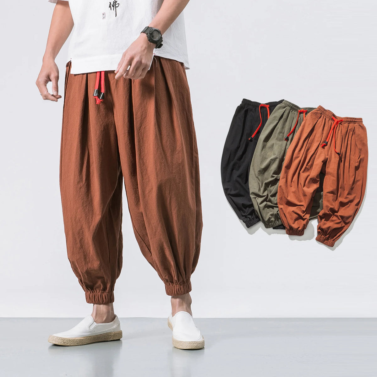 Men's Olive Green Linen Blend Harem Pants