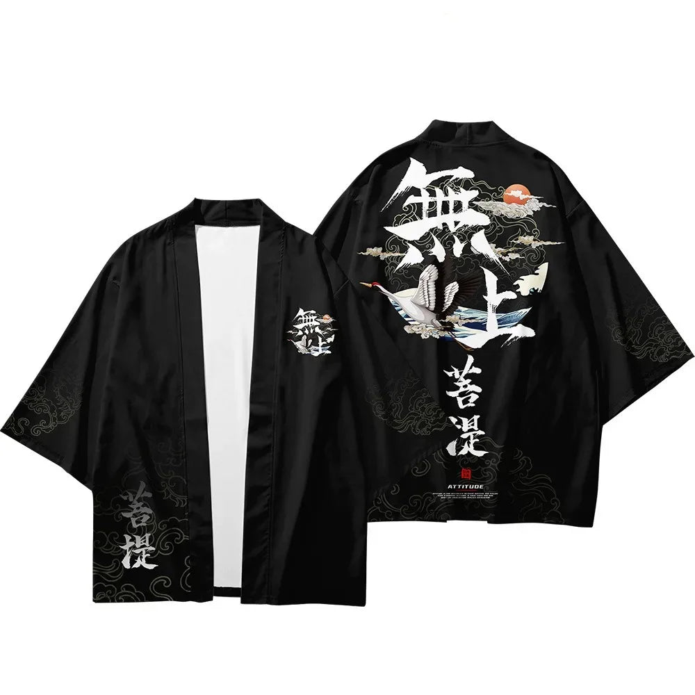 Unisex Black Kimono with Flying Crane & Calligraphy