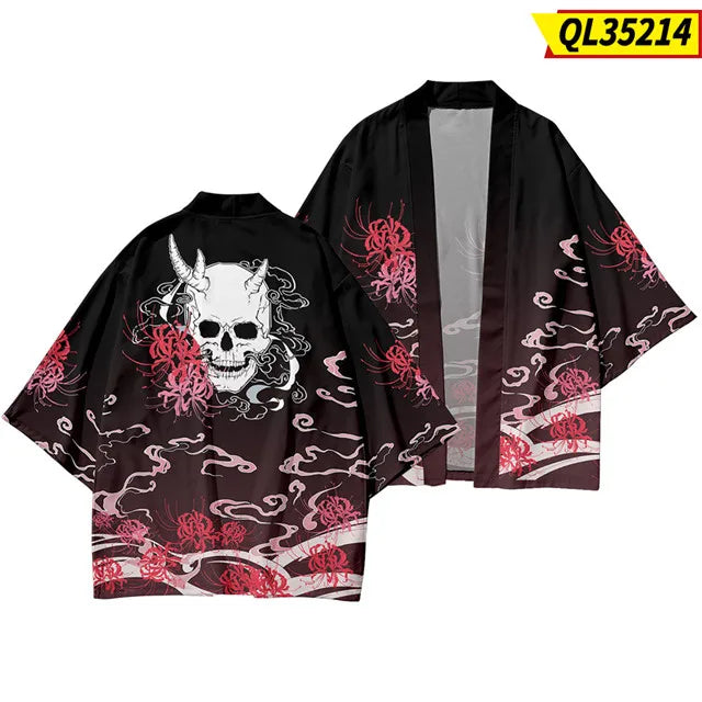 Black Oni Skull Kimono Jacket with Red Spider Lilies