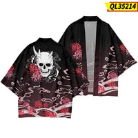 Black Oni Skull Kimono Jacket with Red Spider Lilies