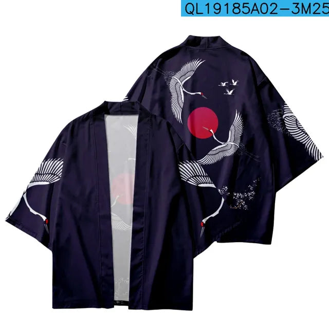 Japanese Navy Kimono Cardigan with Cranes & Sun