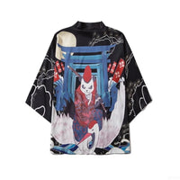 Black Japanese Kimono Jacket with Samurai Panda Print