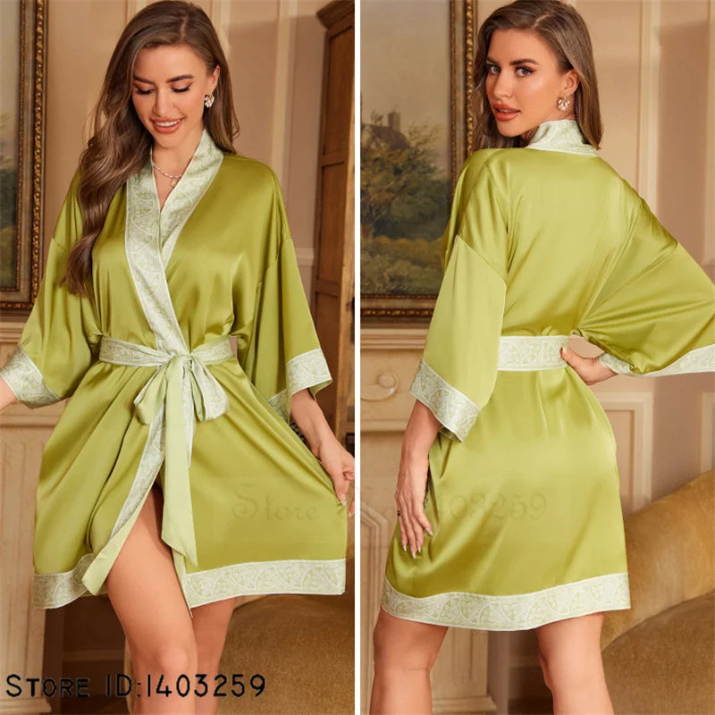 Women's Lime Green Satin Kimono Robe with Patterned Trim