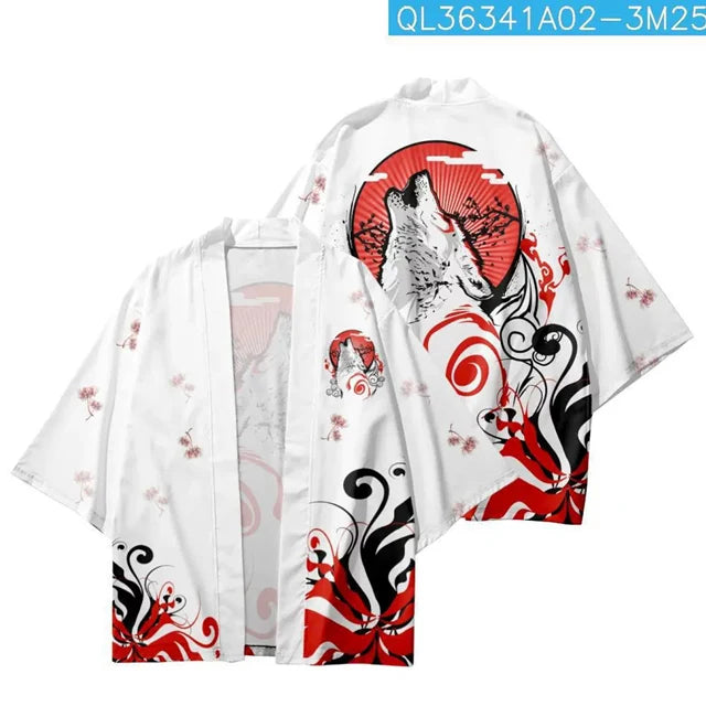 White Kimono Cardigan with Howling Wolf & Red Sun