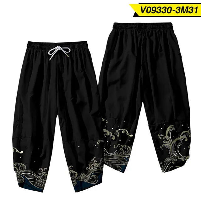 Cropped Black Pants with Japanese Wave Pattern