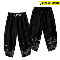 Cropped Black Pants with Japanese Wave Pattern
