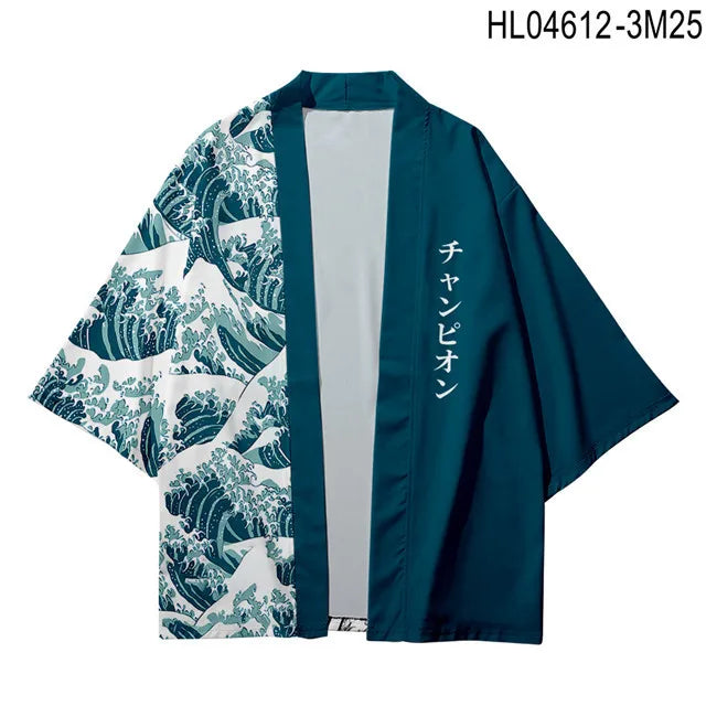 Teal Great Wave Asymmetric Kimono Jacket