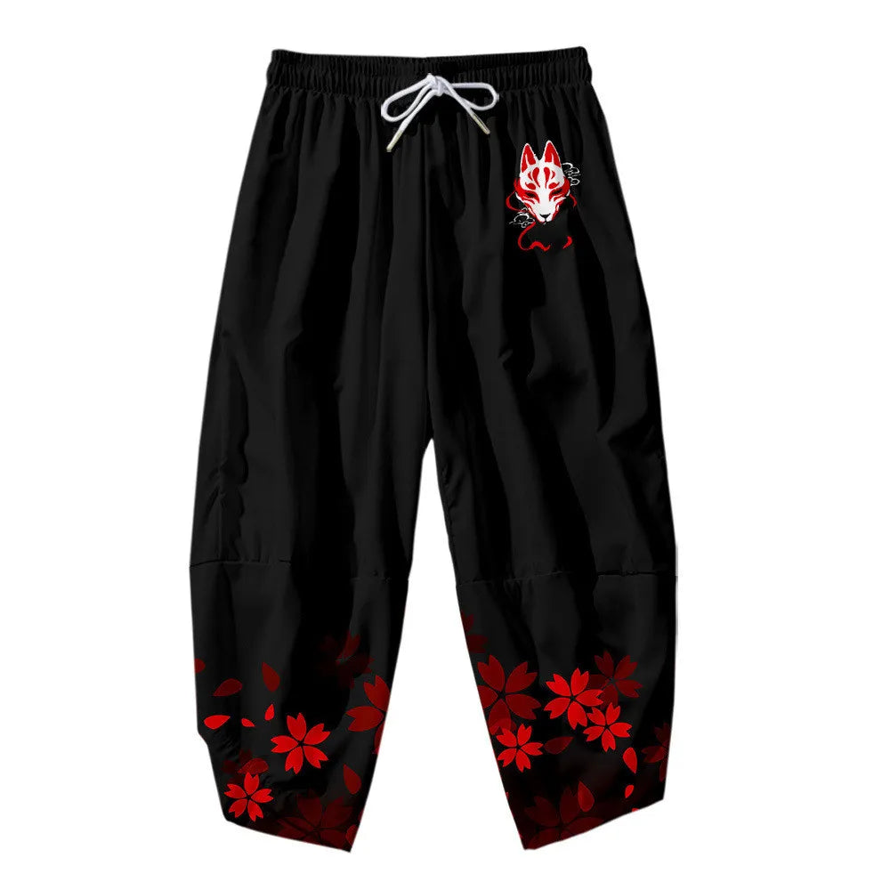 Men's Black Hakama Pants with Oni Mask & Katana Print