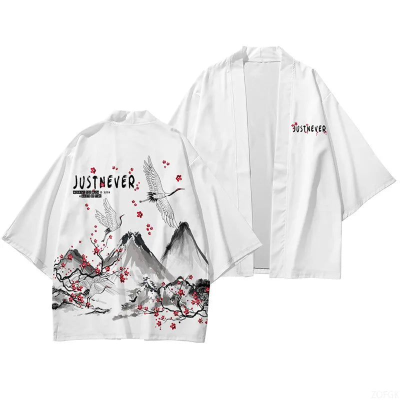 White Japanese Kimono Cardigan with Crane & Blossom