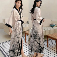 Long Satin Kimono Robe with Tree Print