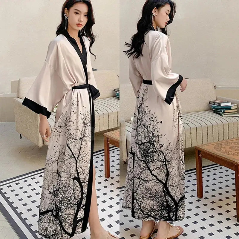 Long Satin Kimono Robe with Tree Print