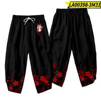Black Kitsune Mask Harem Pants with Cherry Blossoms