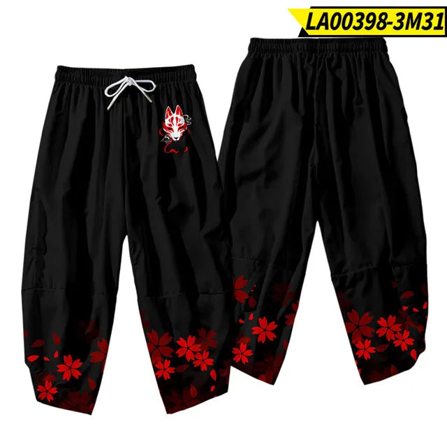 Black Kitsune Mask Harem Pants with Cherry Blossoms