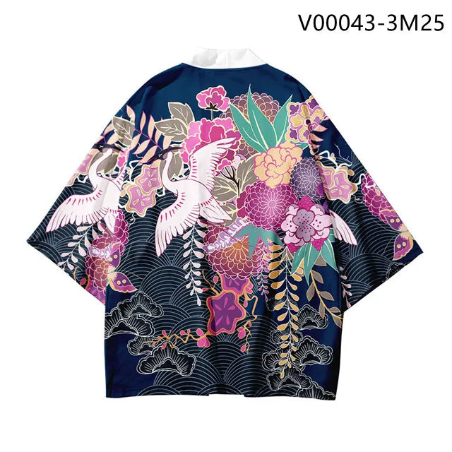 Navy Blue Haori Cardigan with Crane & Floral Print