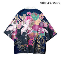 Navy Blue Haori Cardigan with Crane & Floral Print