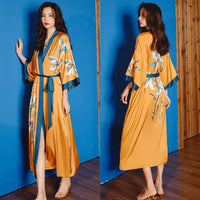 Mustard Yellow Floral Kimono Robe with Teal Trim