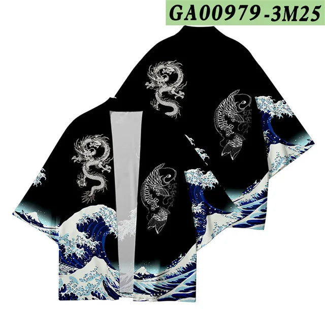 Unisex Black Haori Jacket Dragon Koi Wave Print