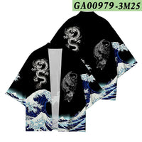 Unisex Black Haori Jacket Dragon Koi Wave Print