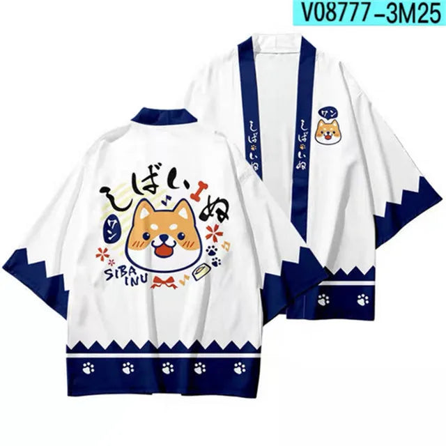 Unisex White Haori Jacket with Cute Shiba Inu Print
