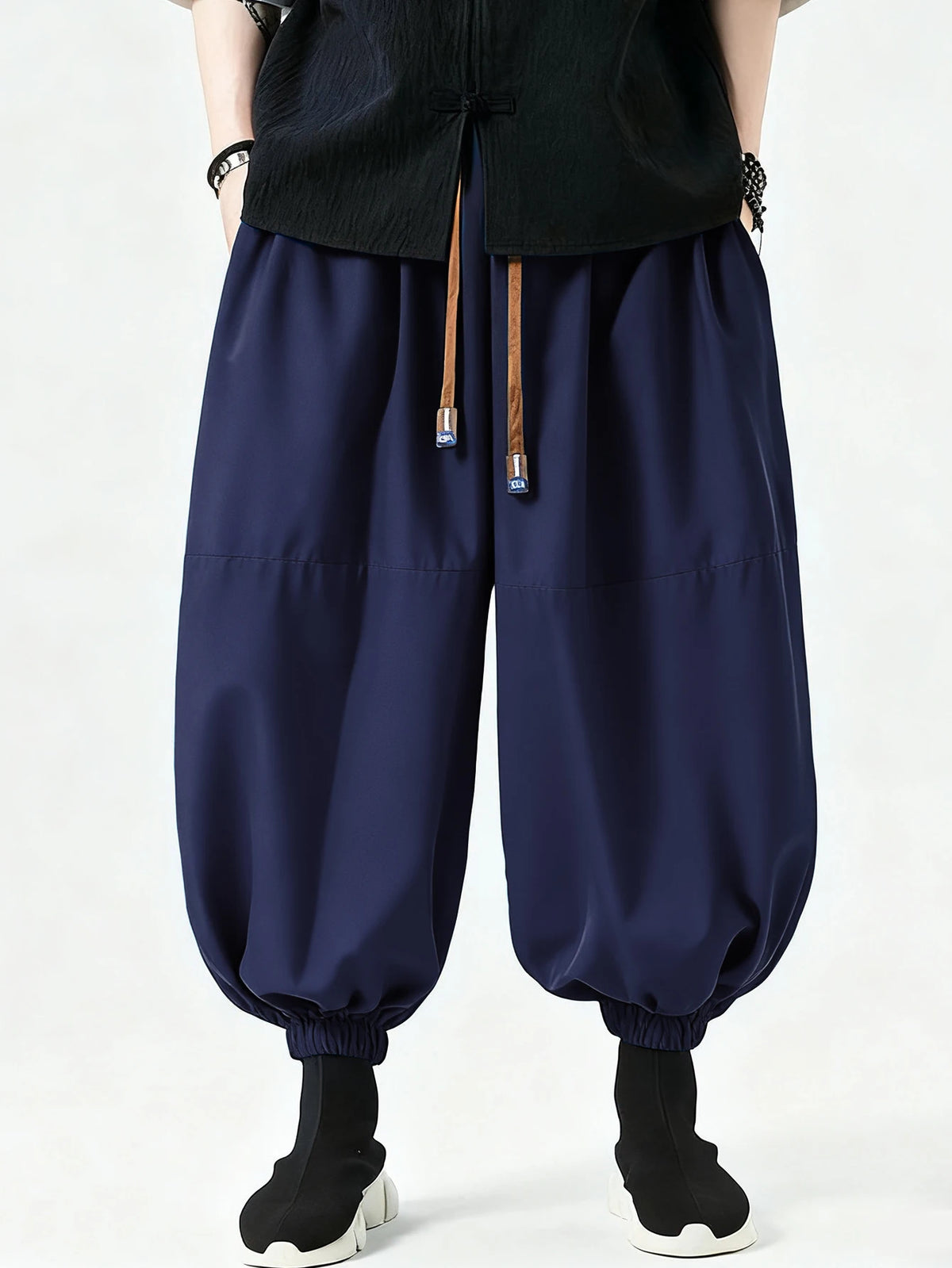 Men's Navy Blue Wide Leg Lantern Pants with Elastic Ankle