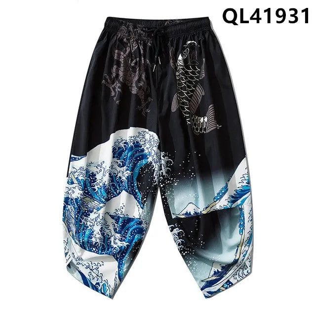 Black Japanese Wave Dragon Koi Print Pants