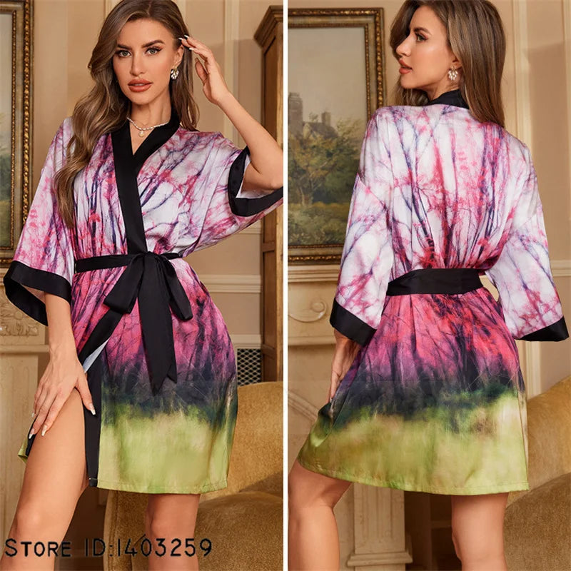 Short Kimono Robe with Pink Green Tie-Dye