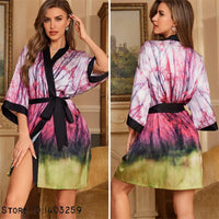 Short Kimono Robe with Pink Green Tie-Dye